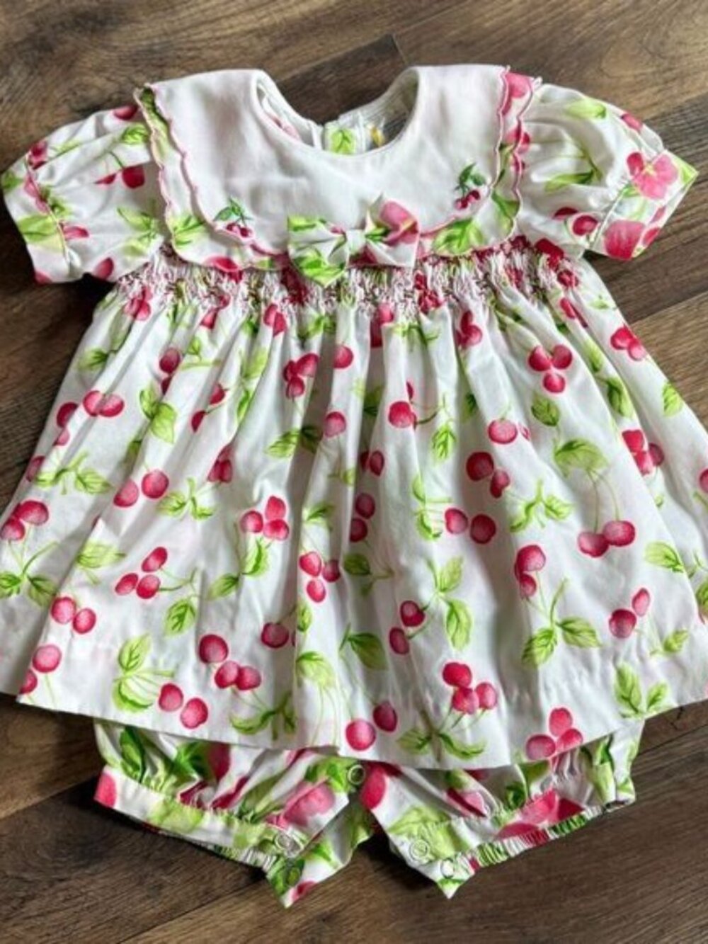 Smocked Cherry Print Baby Romper Dress Scalloped Bib Collar sz 6-9 mo preworn